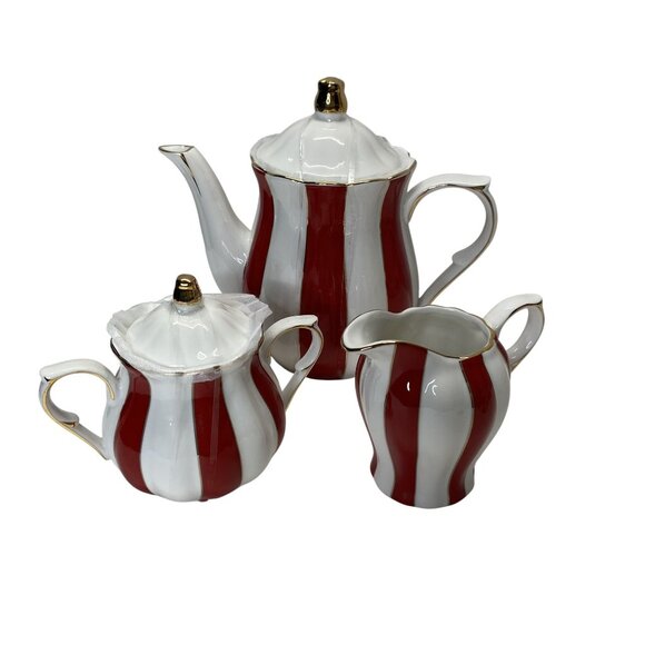 Grace Teaware Red & White Striped Porcelain Tea Set Gold Trim Christmas Decor - Picture 3 of 9